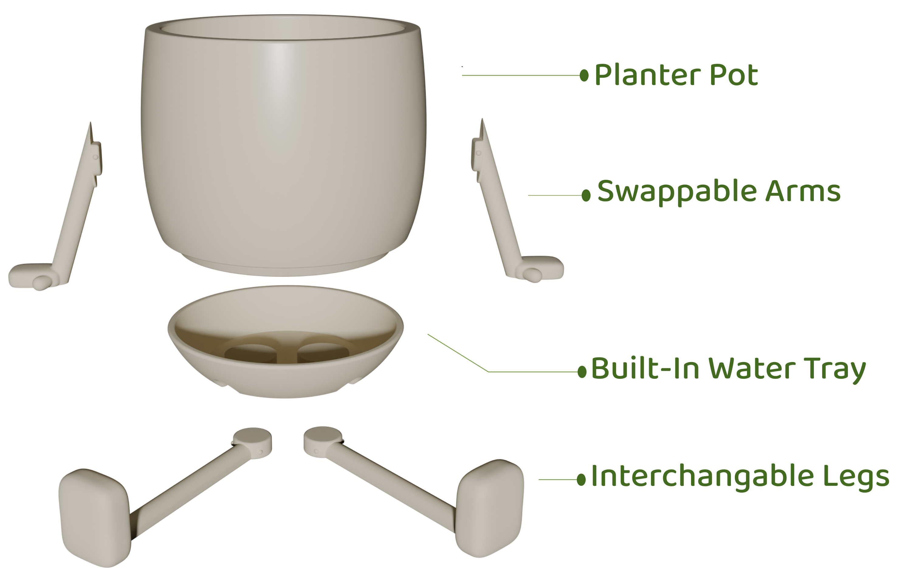 Exploded view of modular Planter Peeps parts
